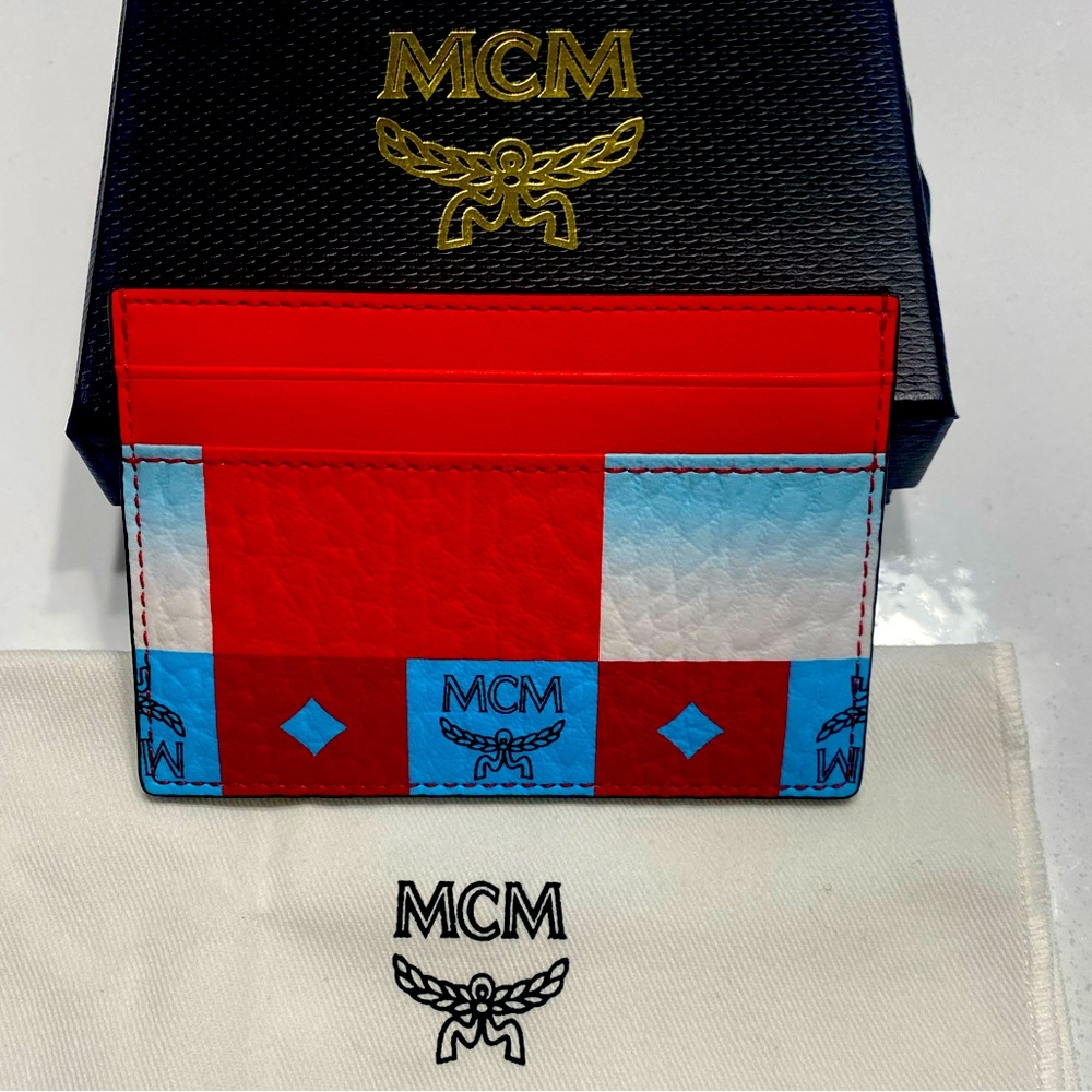 MCM Aren Mini Checkerboard Print Red Multi Visetos Leather Slim Card Case Wallet